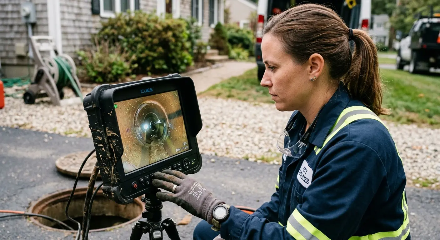 Technician reviewing sewer camera inspection footage in Somerset