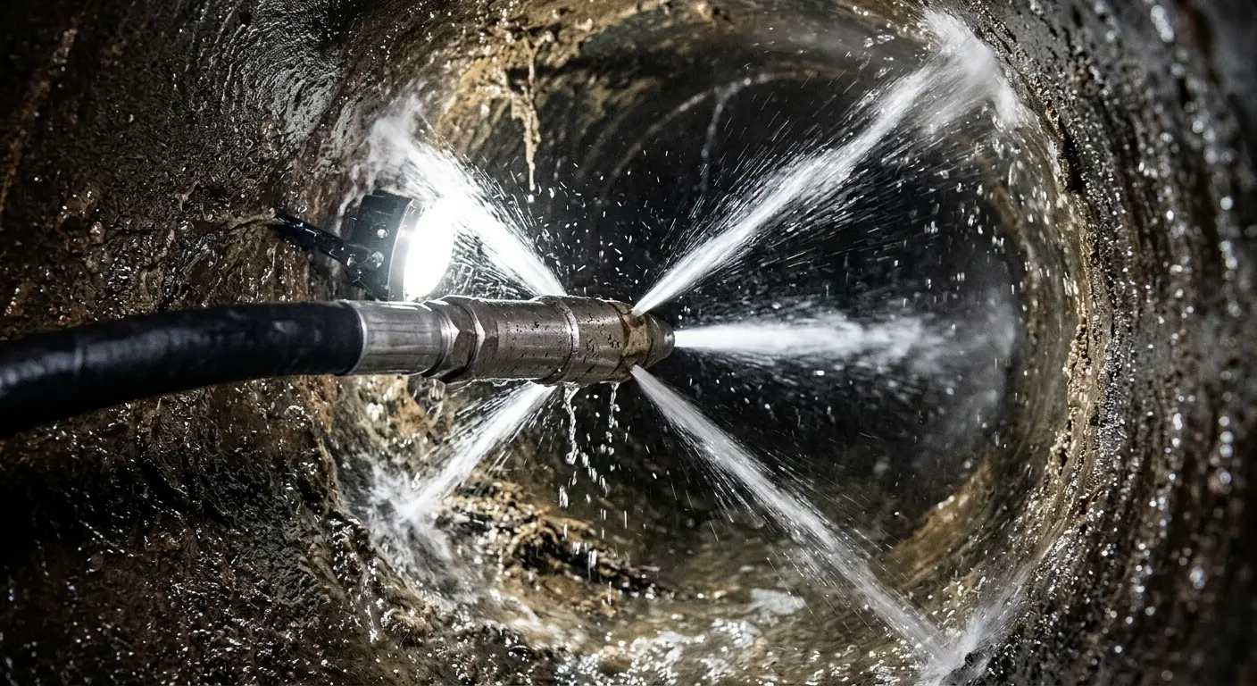 High-pressure hydro jetting nozzle cleaning sewer pipe for Trenchless Sewer Repair in Somerset