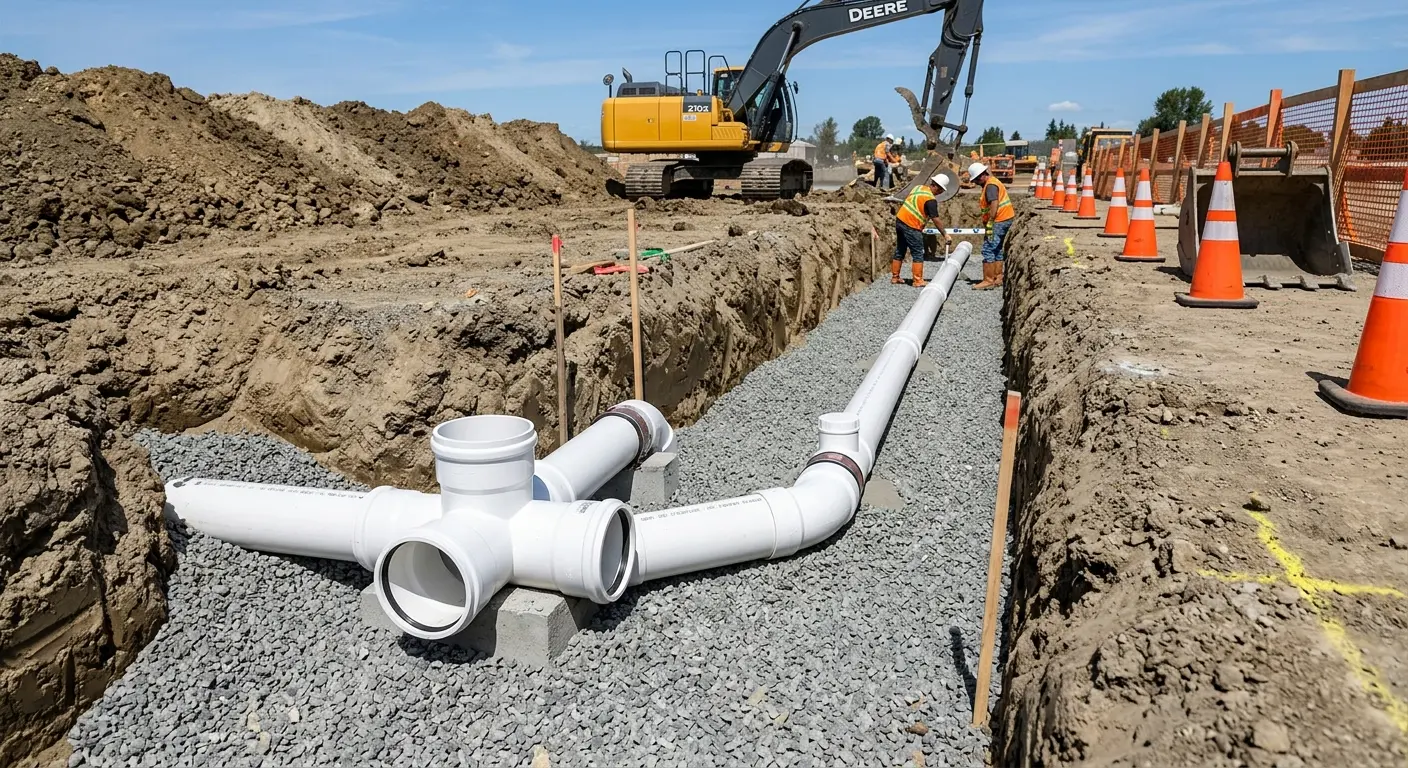 New PVC sewer pipe installation in open trench for Commercial Drain Cleaning in Somerset