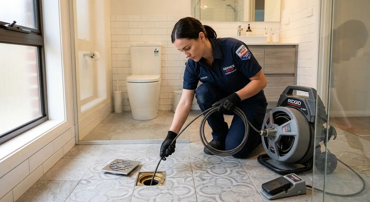 Technician clearing a bathroom floor drain for Clogged Drain Repair in Somerset